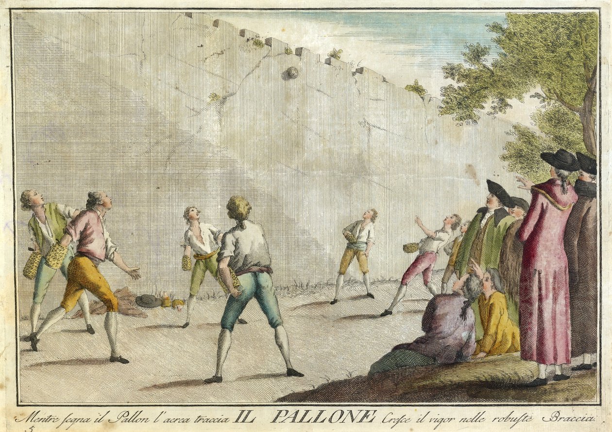 トスカーナ、特にフィレンツェのパブで衣装を着ているGiuochi、Ritenimenti、Feste AnnueのIl Pallone。 1790年（手描きの彫刻） 作： ギゼッペ・ピアトリ