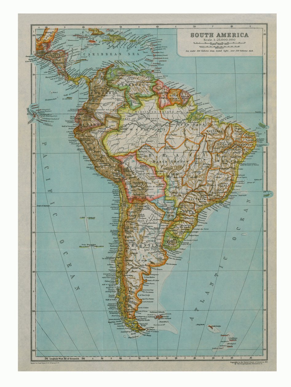 南アメリカの地図、c1910 作： カモメ彫刻会社