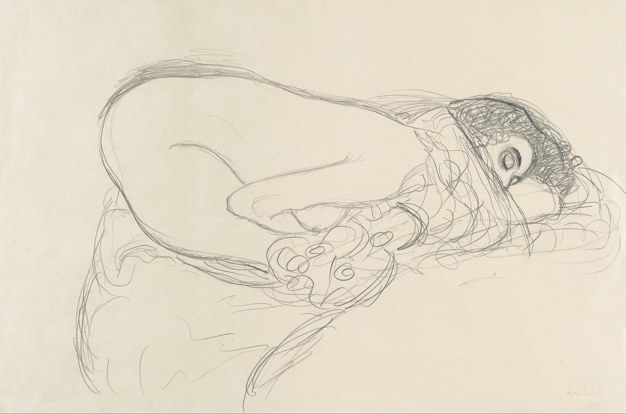 前かがみのセミヌード（絵画レダの準備作業） 作： グスタフ・クリムト
