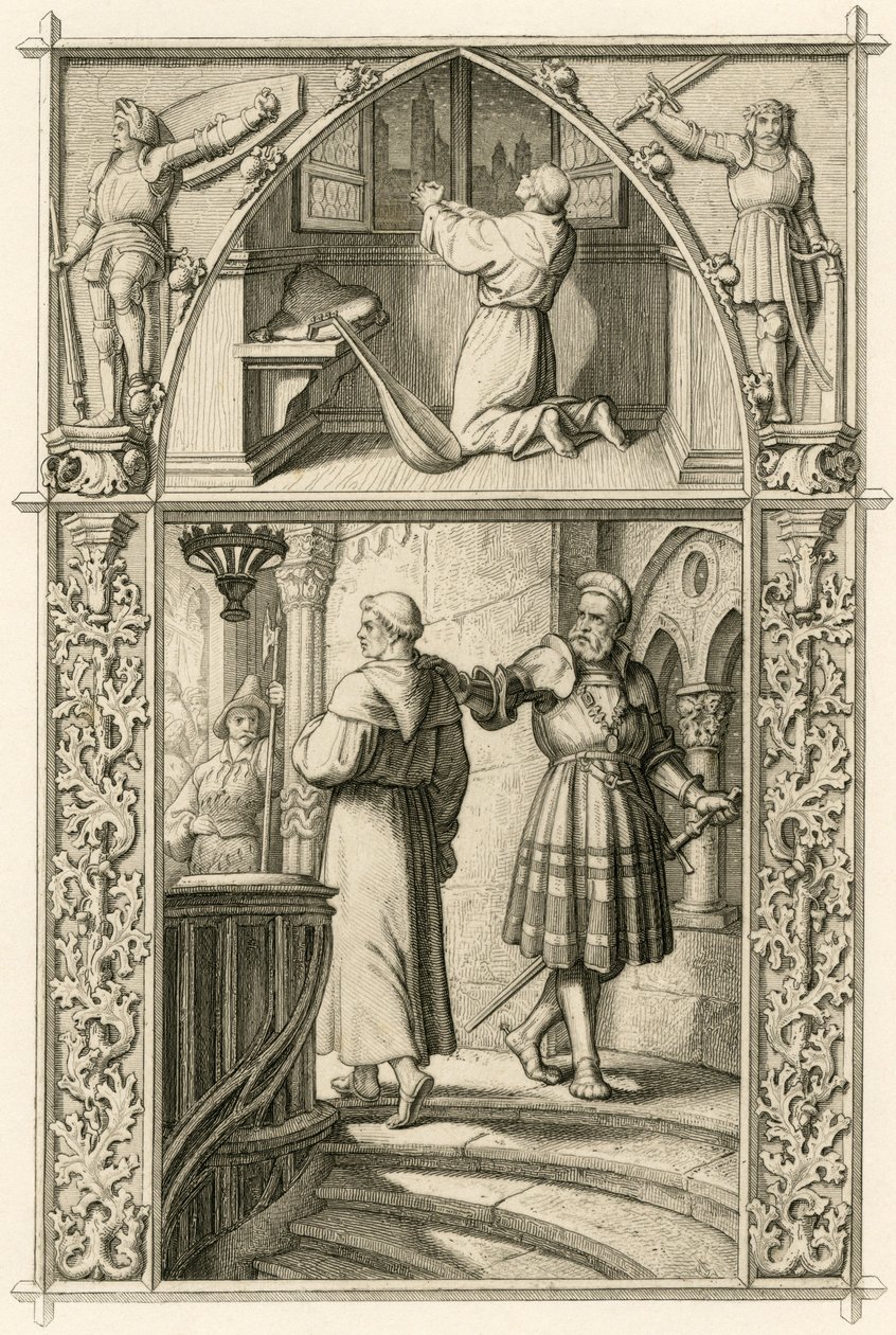 マルティン・ルターは、皇帝との面会のために祈りによって身支度を整えている（上の画像） ; メイン画像 : ルターが騎士ジョージ（ゲオルグ）・フォン・フルンツベルク（ヨルグ・フォン・フロンツベルク、フロイントベルゲン）と面会しているところ。 作： グスタフ・フェルディナンド・レオポルド・ケーニッヒ