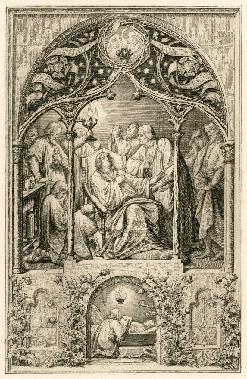 Der Tod von Martin Luther, Luthers zwei Söhne knien vor seinem Vater, Dr. Justus Jonas spricht letzte Worte, hinter ihnen betet Michael Coelius, Johannes Aurifaber mit einem Kandelaber, der Arzt Simon Wild mit Medizin und rechts der Graf Albr von Gustav Ferdinand Leopold Konig