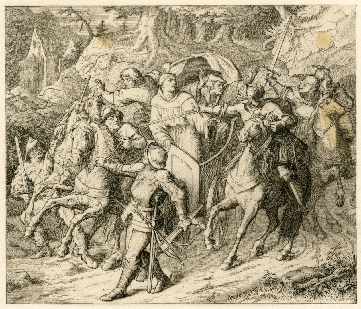 1521年、帰路についたマルティン・ルターが、ベルレプシュとフントによって誘拐された。 作： グスタフ・フェルディナンド・レオポルド・ケーニッヒ