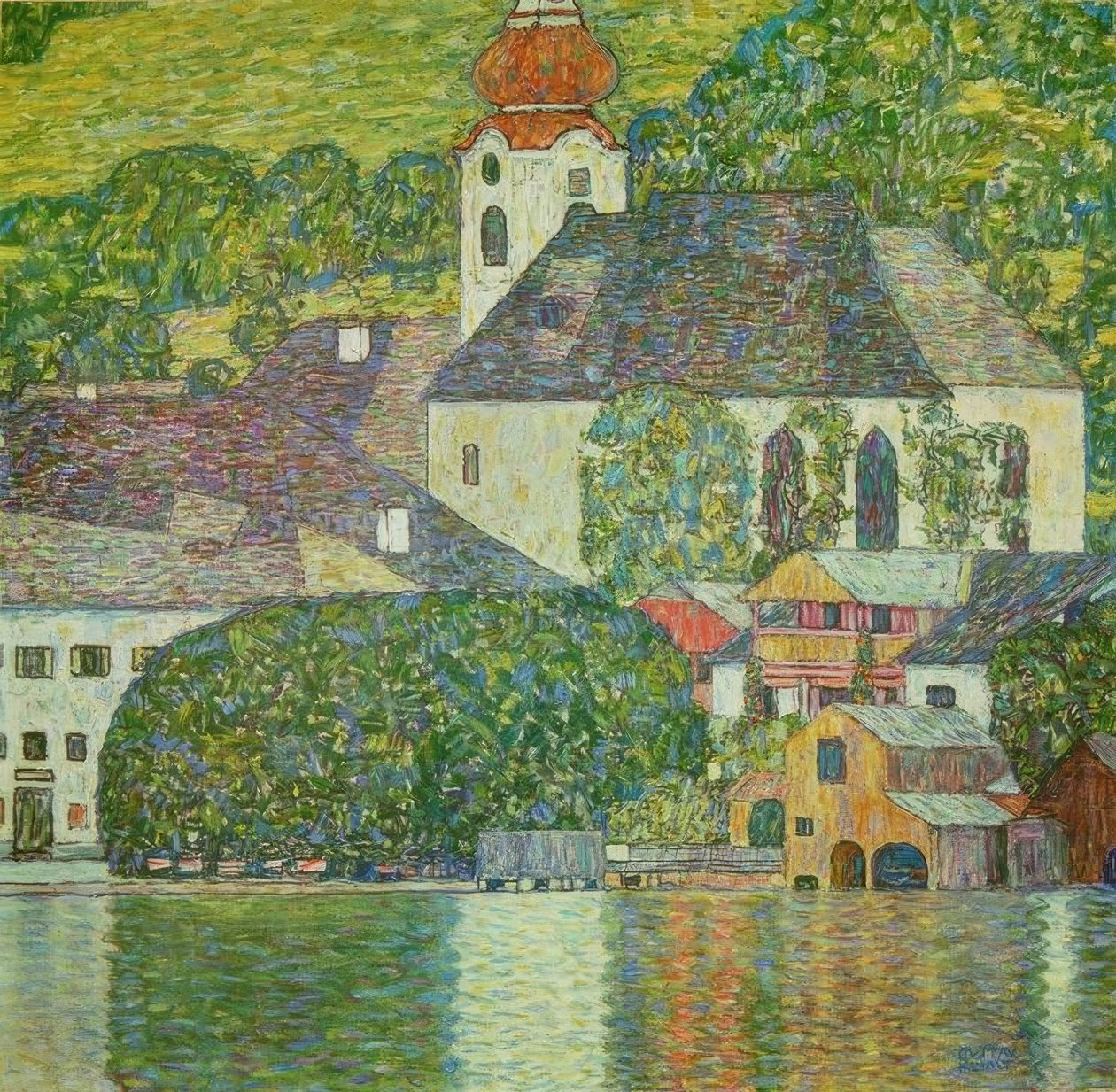 GUSTAV　KLIMT、クリムト、アッター湖畔ウンテラアッハの森の坂道 アッター湖にあるウンターラッハの教会