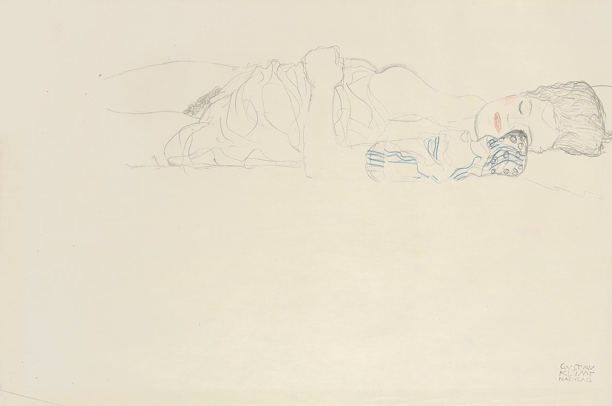 右にヌードをリクライニング、c.1914-15 作： グスタフ・クリムト