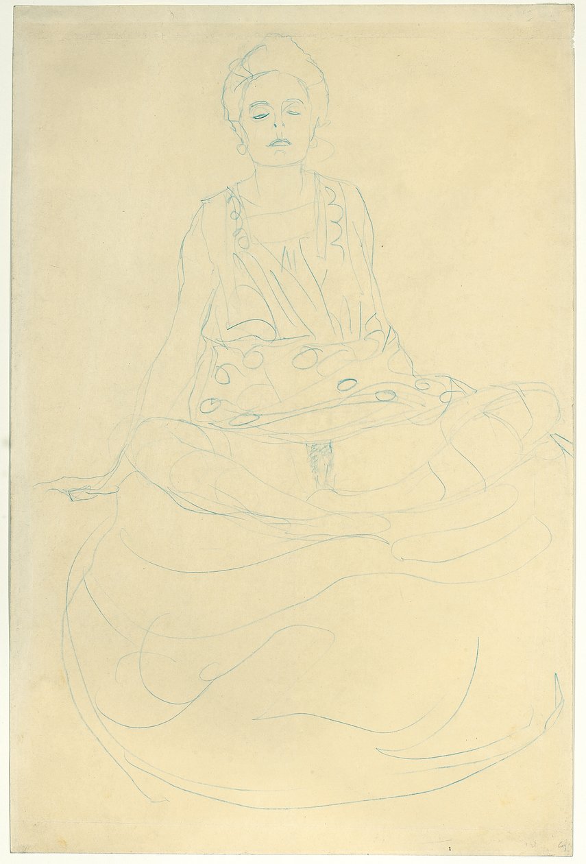 正面から半裸で着席、1907年頃（紙に鉛筆） 作： グスタフ・クリムト