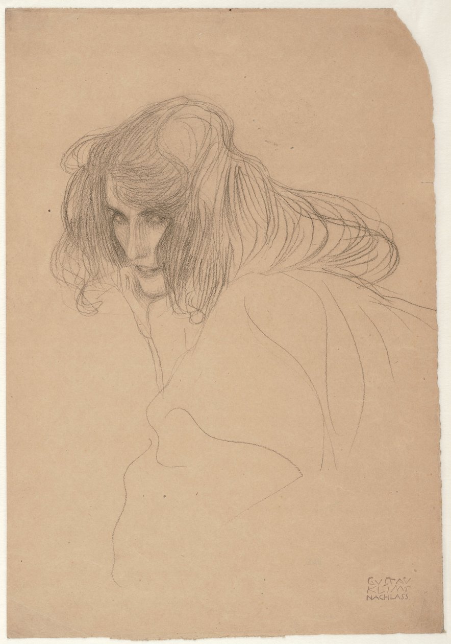 四分の三横顔の女性の頭の習作（ベートーヴェン・フリーズの不貞の習作）、1901-02年頃（紙に黒チョーク） 作： グスタフ・クリムト