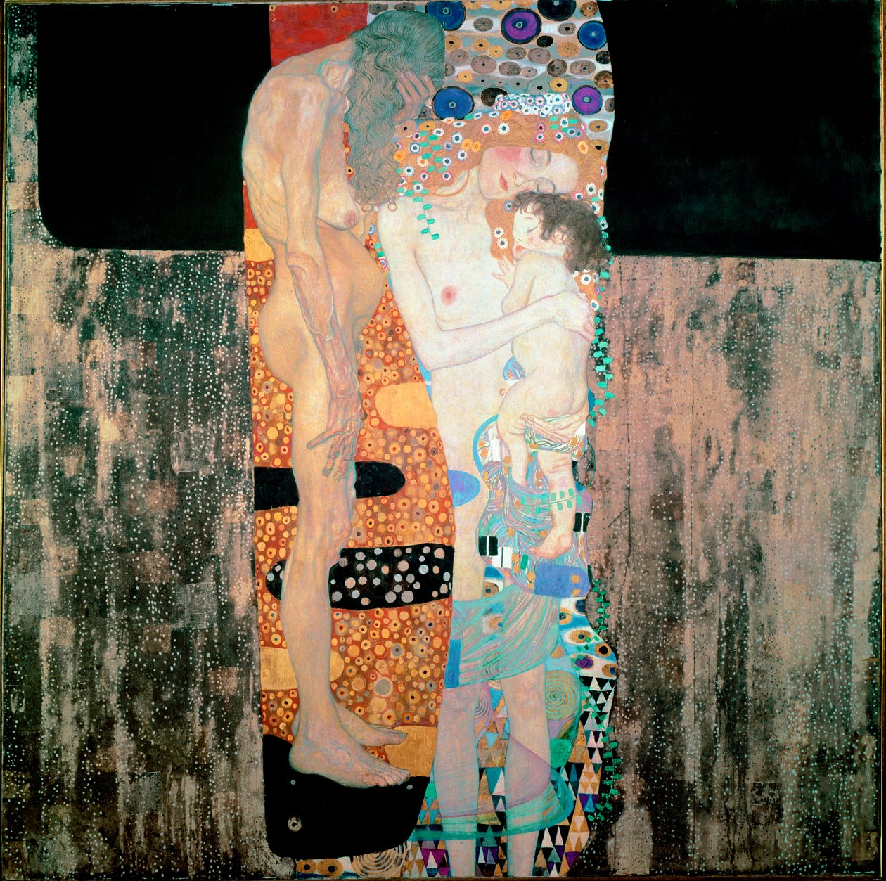 女性の3つの年齢 グスタフ・クリムト（1862-1918）の絵画 1905年 薄暗い。180x180 cm ローマ、近代美術館ガレリア 作： グスタフ・クリムト