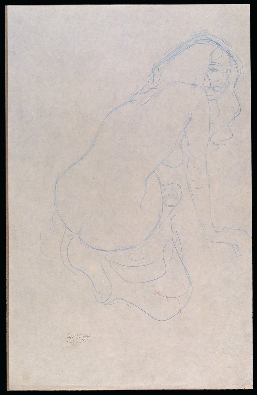 長い髪で右に傾いている女性、c.1910-11 作： グスタフ・クリムト