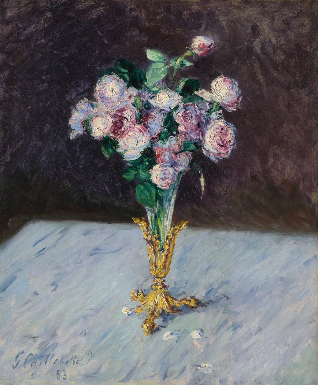 クリスタルの花瓶のバラの花束 作： グスタフ・カイユボット