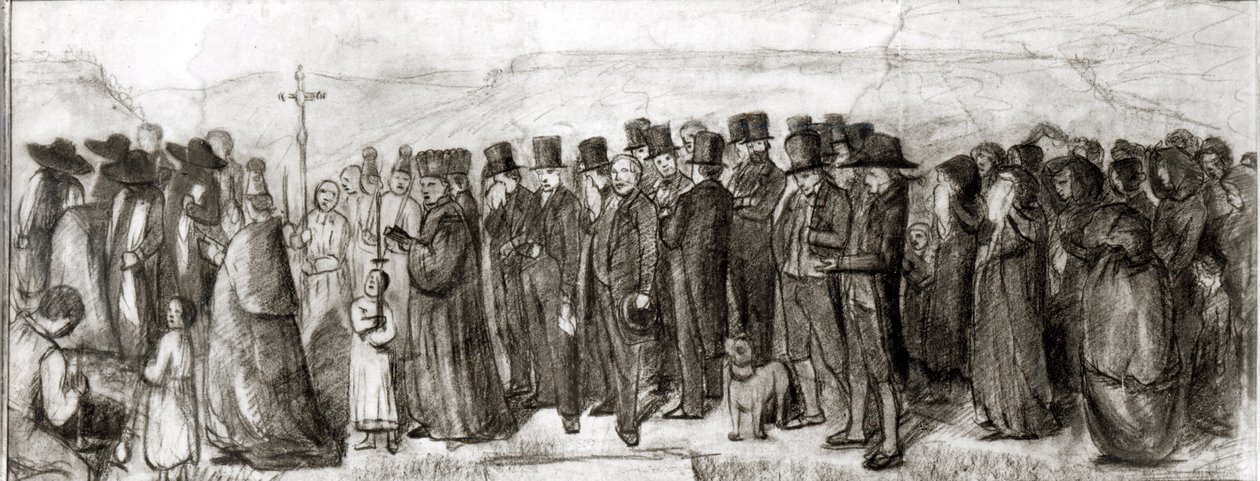 1849年のオーナンでの埋葬の研究（紙に木炭） 作： ギュスターヴ・クールベ