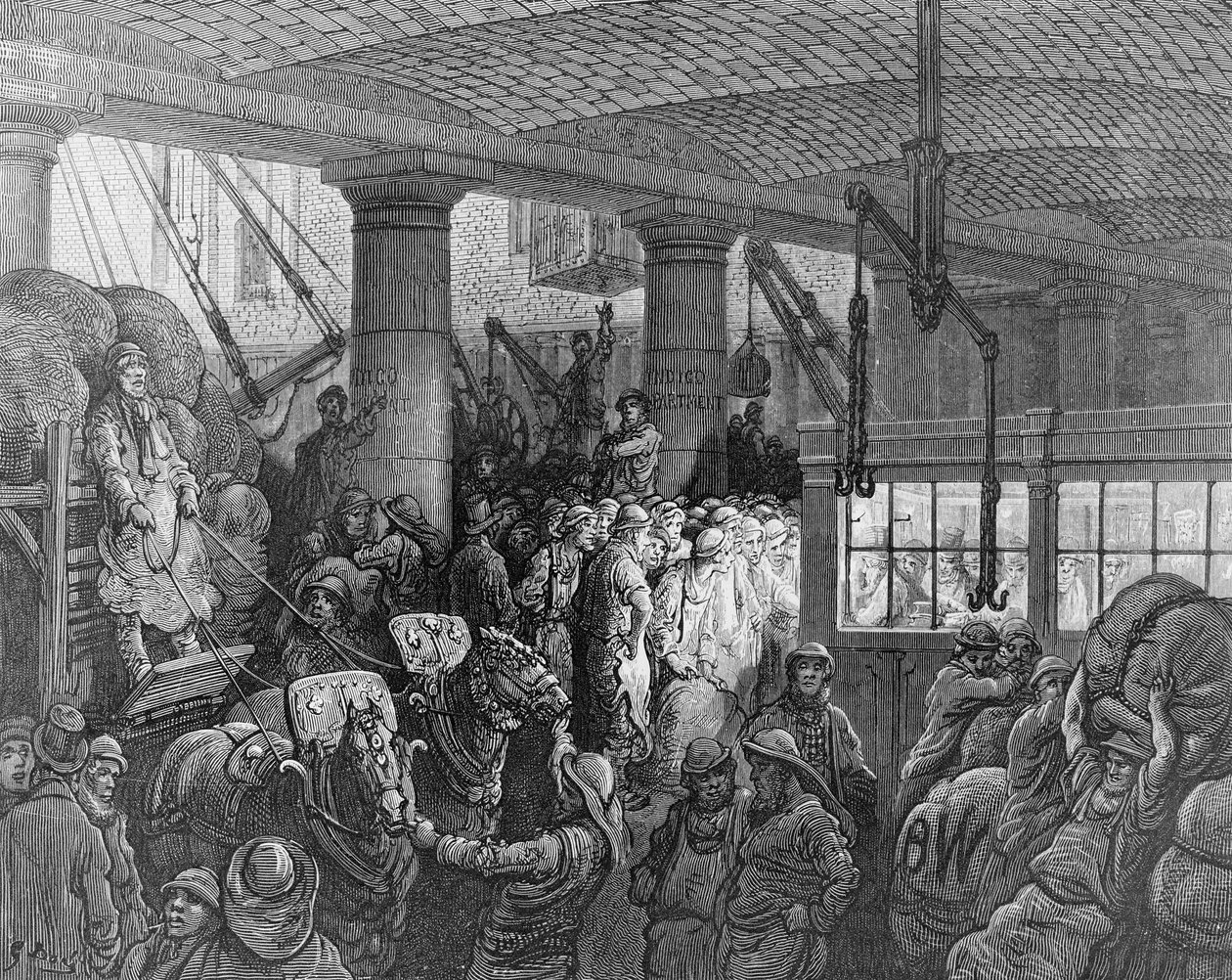 ウィリアムブランチャードジェロルド（1826-84）によって書かれたチャールズラプラント（d.1903）のパブによって彫刻された「ロンドン、巡礼」からのリバーサイドストリート。 1872 作： ギュスターヴ・ドレ