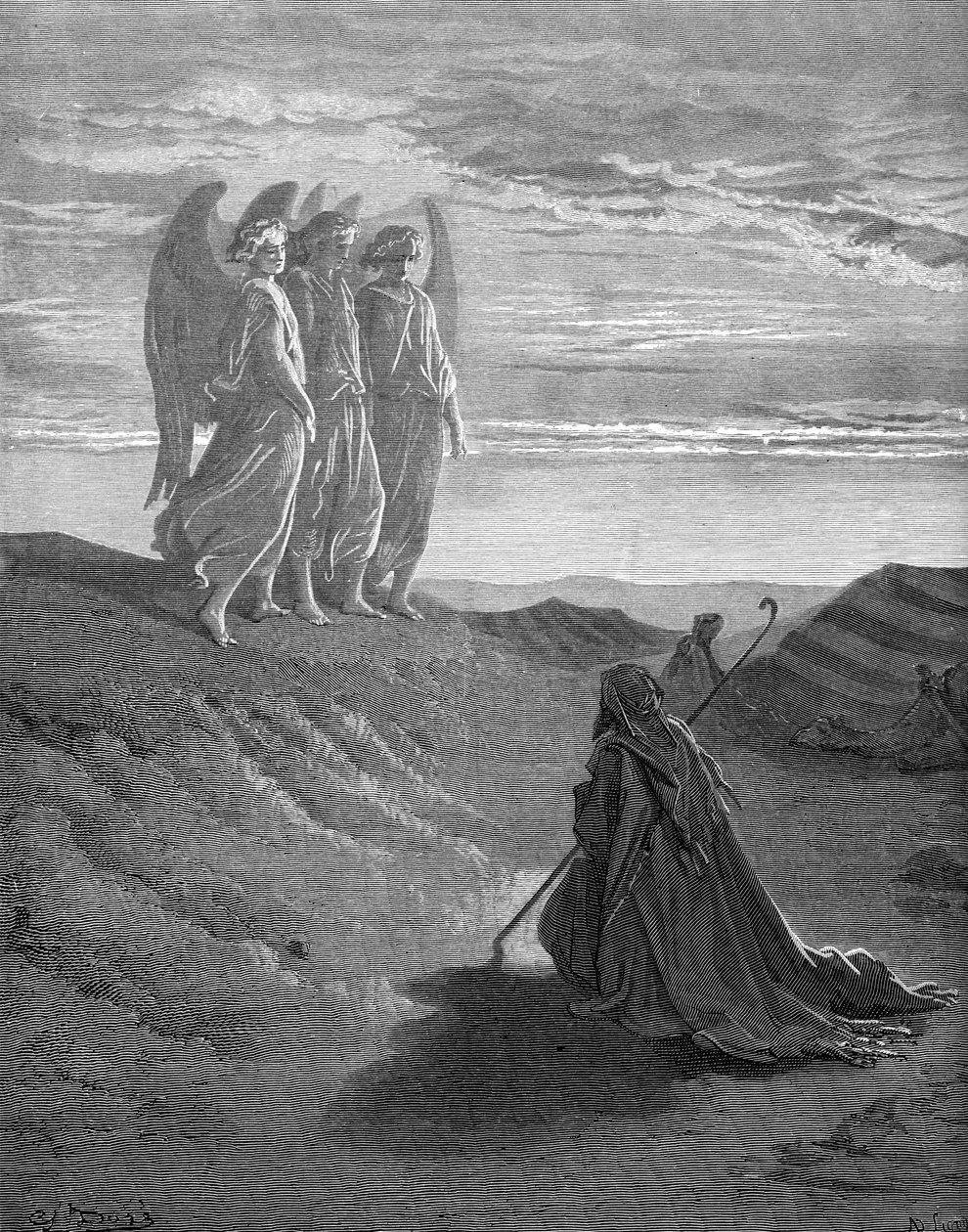 アブラハムと三人の天使、ドレの彫刻。 -聖書 作： ギュスターヴ・ドレ
