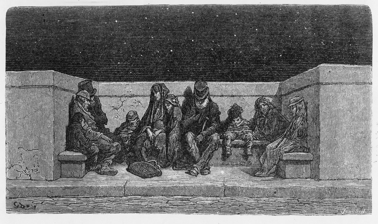 星空の下で眠る、「ロンドン、巡礼」からのイラスト、1872 作： ギュスターヴ・ドレ
