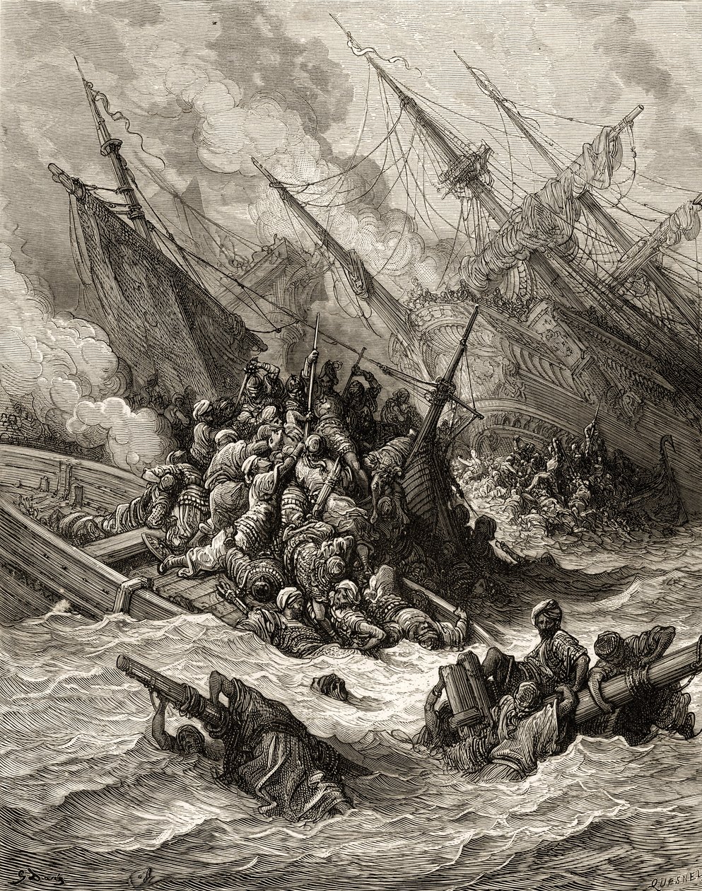 1571年のレパントの戦い。JFの「Bibliotheque des Croisades」のイラスト。ミショー、1877 作： ギュスターヴ・ドレ