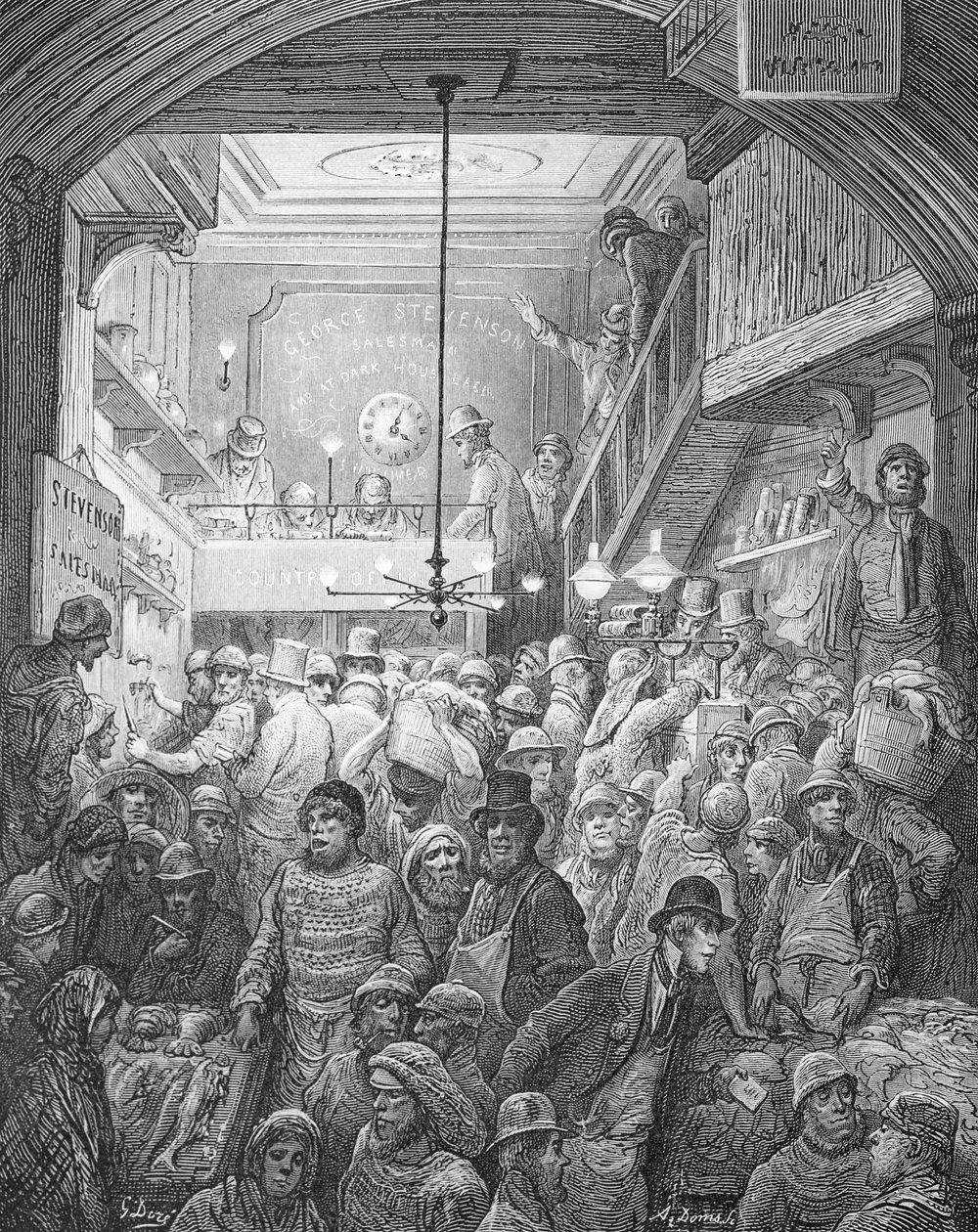 ビリングスゲート-ウィリアムブランチャードジェロルド（1826-94）によって書かれた「ロンドン、巡礼」からの早朝、A。ドムスによって彫刻された、パブ。 1872 作： ギュスターヴ・ドレ