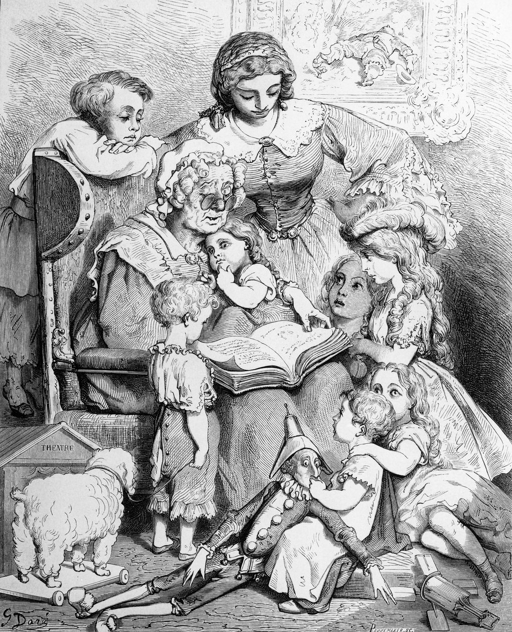 祖母が孫に物語を語る、「Les contes de Perrault」のイラスト入りのタイトルページ、Pannemakerによって刻まれた、J.Hetzelによる出版、1862年 作： ギュスターヴ・ドレ