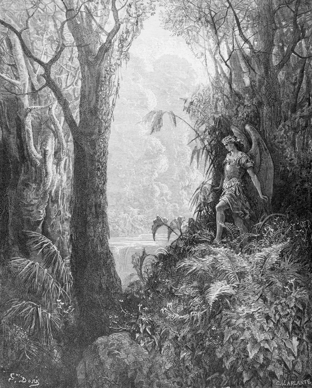 チャールズラプラント（d.1903）c.1868によって彫刻されたジョンミルトン（1608-74）による「パラダイスロスト」の本IVからの楽園のサタン 作： ギュスターヴ・ドレ