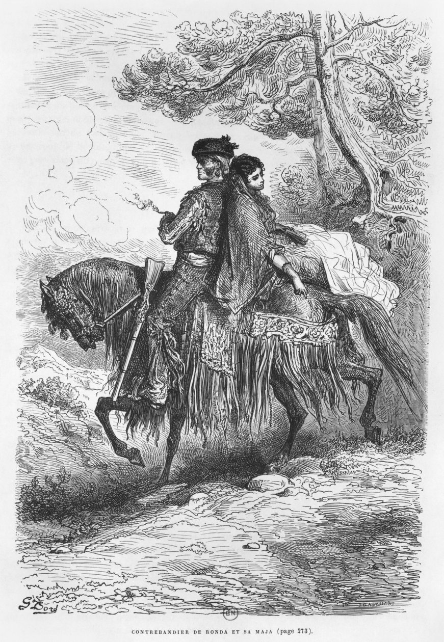 フェリックスジャンゴーシャール（1825-72）によって彫刻されたロンダと彼のマヤのスペイン人コントラバンディスタ 作： ギュスターヴ・ドレ