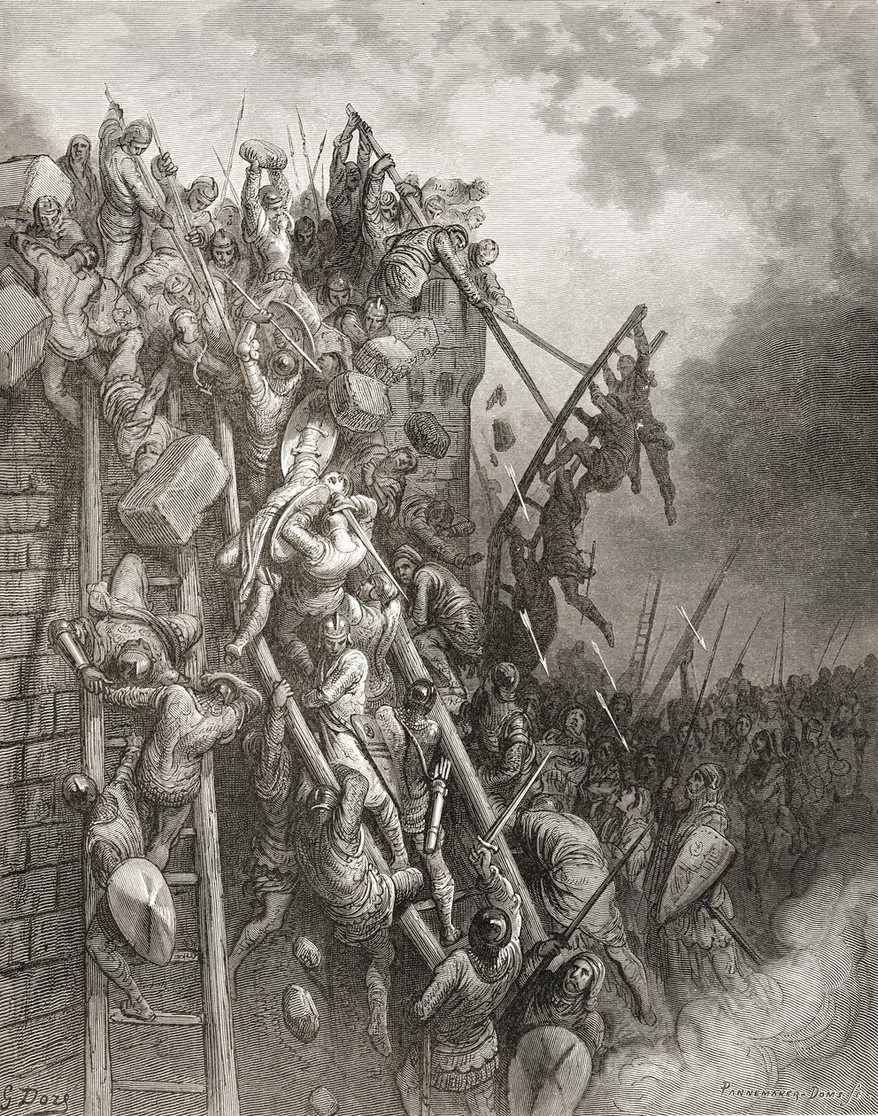 司祭の軍隊フォルクマーとエモシオ伯爵がメルセブルクを攻撃します。これは、JFの「Bibliotheque des Croisades」のイラストです。ミショー、1877 作： ギュスターヴ・ドレ