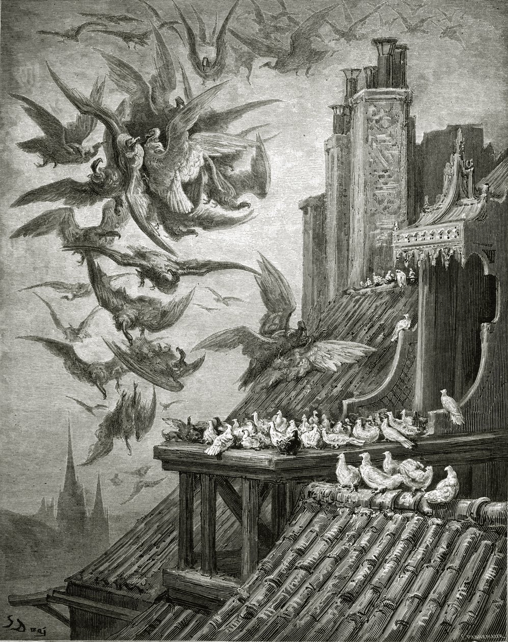 イーグルスとピジョン、ラフォンテーヌ作「寓話」（1868年）のイラスト 作： ギュスターヴ・ドレ