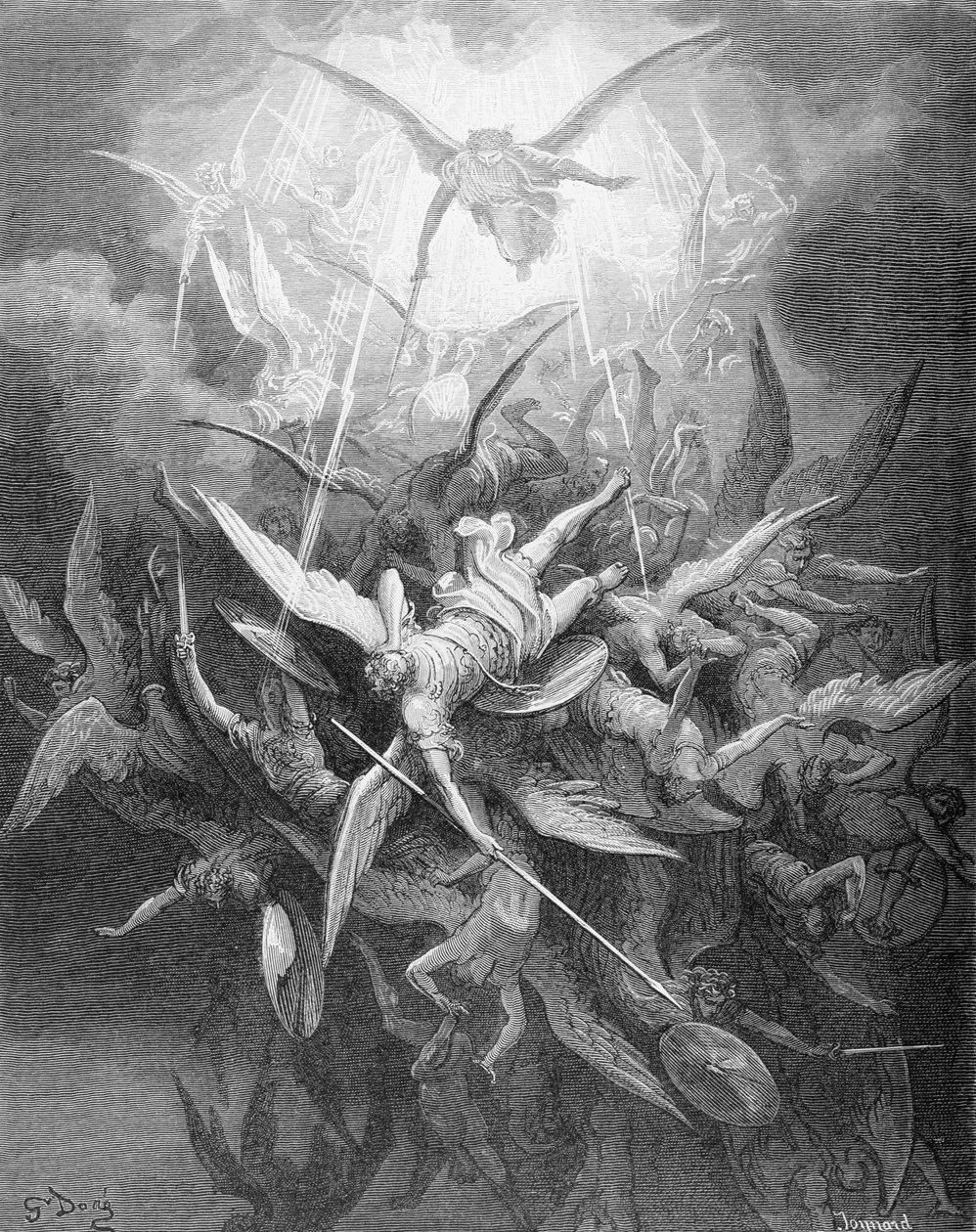 反逆の天使の堕落、ジョン・ミルトン著「パラダイス・ロスト」の第I巻（1608-74）c.1868 作： ギュスターヴ・ドレ