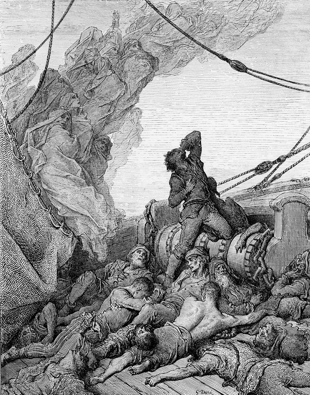 死んだ船員に囲まれたマリナーは、精神の苦しみに苦しんでいます。1876年にニューヨークのハーパーウントブラザーズから出版された、STコールリッジの「古代のマリナーの霧」のシーンです（木の彫刻）。 作： ギュスターヴ・ドレ