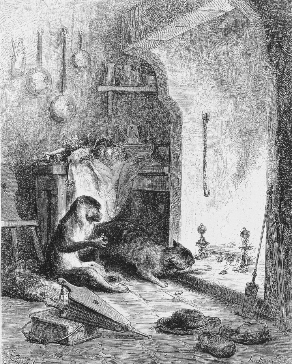 猿と猫、1868 作： ギュスターヴ・ドレ