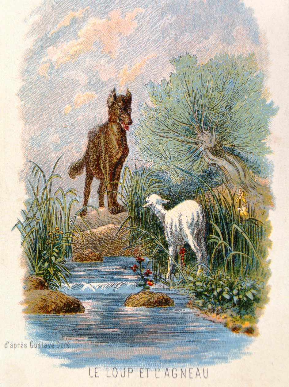 「オオカミと子羊」、ラフォンテーヌの「寓話」のイラスト。 1868 作： ギュスターヴ・ドレ