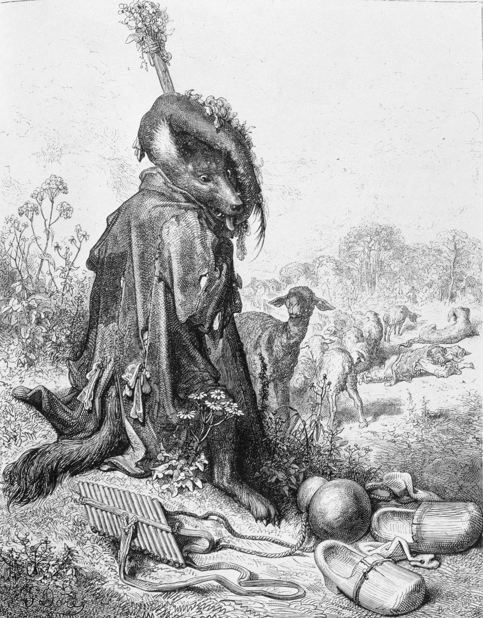 オオカミは羊飼いになりました、ラフォンテーヌによる「寓話」からのイラスト、1868 作： ギュスターヴ・ドレ
