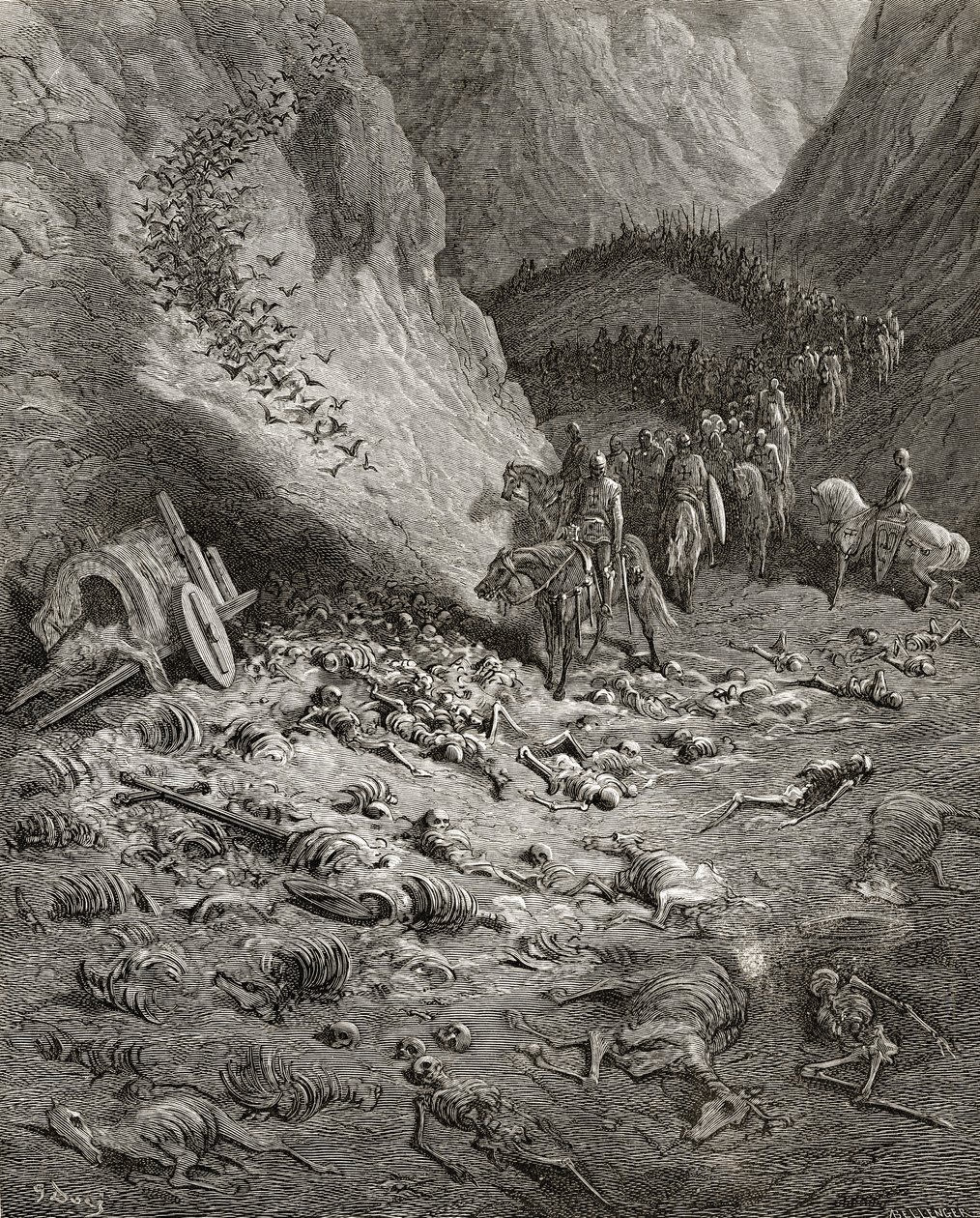 第2十字軍の軍隊は、第1十字軍の兵士の遺体を見つけます。これは、JFによる「Bibliotheque des Croisades」のイラストです。ミショー、1877 作： ギュスターヴ・ドレ