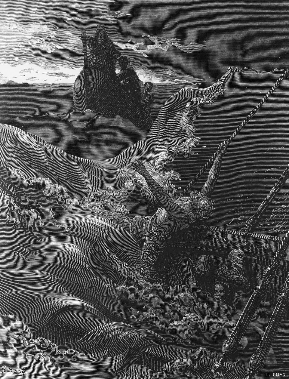 マリナーは、彼の船が沈んでいるときに、Herper und Brothersが発行したST Coleridgeの「The Rime of the Ancient Mariner」のシーン、隠者とパイロットが乗ったボートを1876年に見た（wood engra 作： ギュスターヴ・ドレ