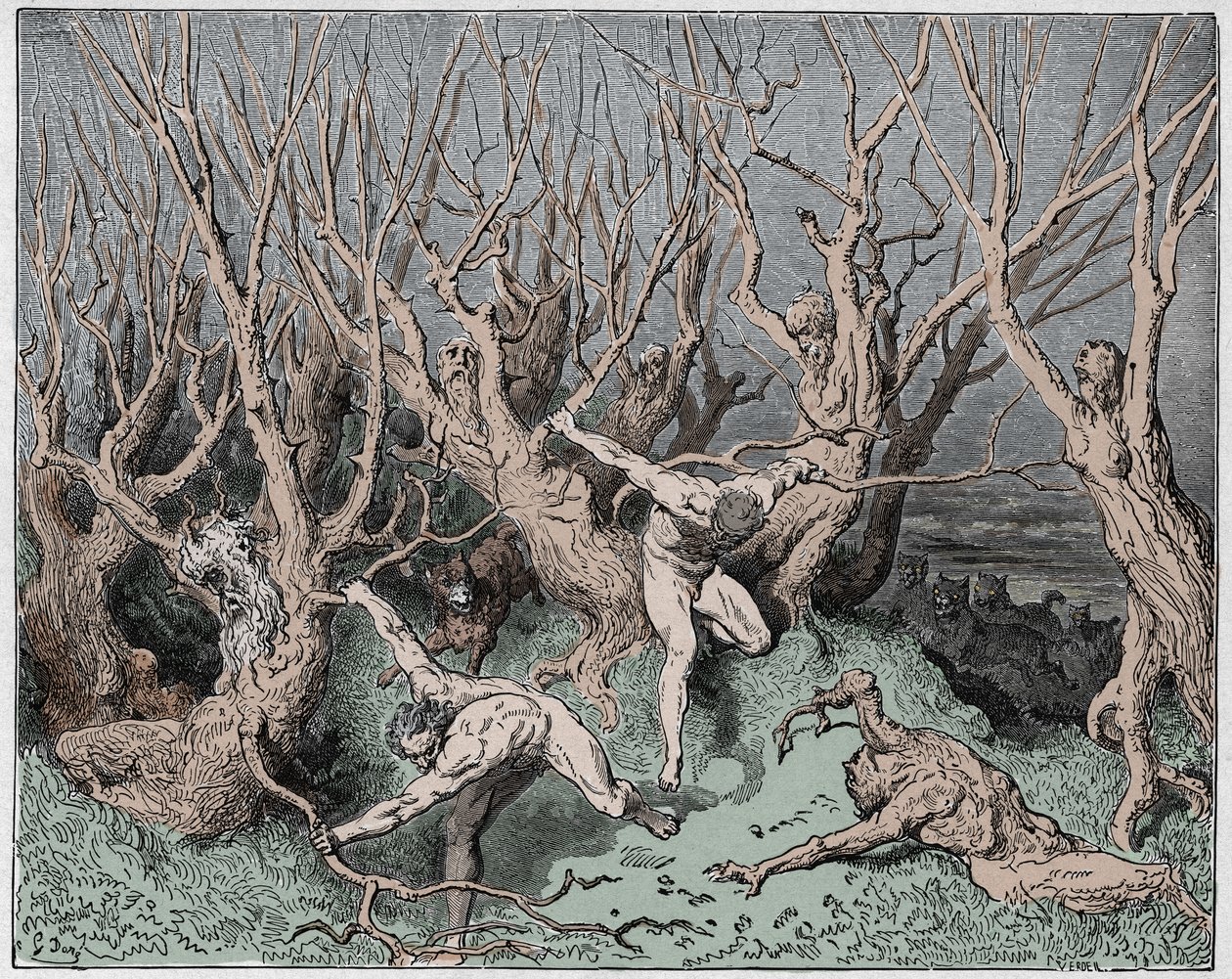 インフェルノ、カント13：自殺は森から逃げる、ダンテアリギエーリ作「The Divine Comedy」（1885年）（デジタル色の彫刻） 作： ドレ後のギュスターヴ