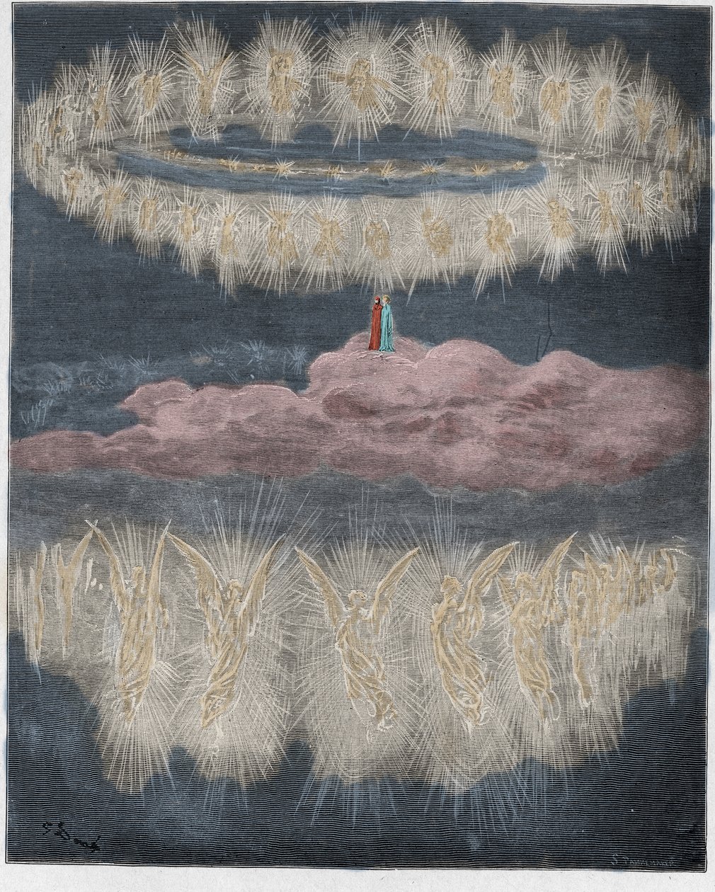 パラディソ、カント12：太陽の下での栄光の魂のリング、ダンテアリギエーリ作「The Divine Comedy」（1885年）（デジタル色の彫刻） 作： ドレ後のギュスターヴ