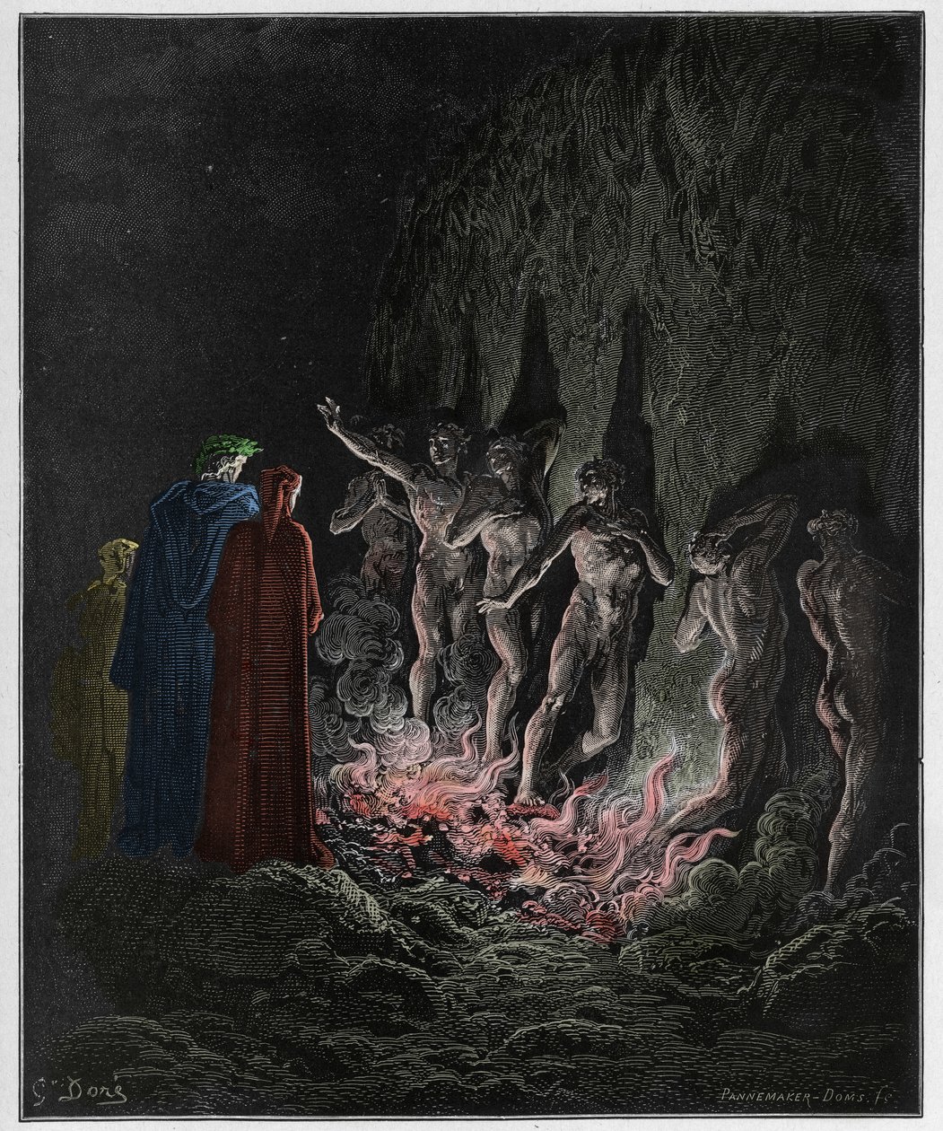 プルガトリオ、カント25：7番目の円の熱烈な通過火、ダンテアリギエーリ作「The Divine Comedy」（1885年）（デジタル色の彫刻） 作： ドレ後のギュスターヴ