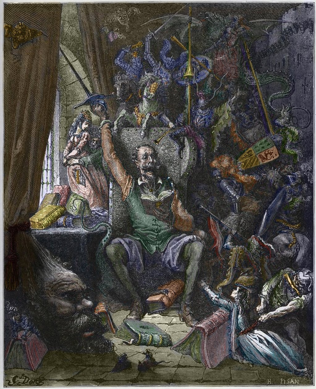 書斎で白昼夢の幻影に囲まれているドン・キホーテ - ミゲル・セルバンテス（1547-1616）の「Don Quixote de la Mancha」（ドン・キホーテ）をギュスターヴ・ドーアが描いたものをヘリオドール・ジョセフ・ピサン（1822-90）が彫ったもの。 作： ギュスターブ（後）ドレ
