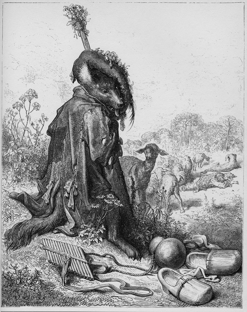 ジャン・ド・ラ・フォンテーヌ（ラフォンテーヌ）（1621-95）の「寓話」より「羊飼いを演じた狼」（Le loup devenu berger） - ギュスターヴ・ドーア（1832-83）によるエングレーヴィング - 個人蔵 作： ギュスターブ（後）ドレ