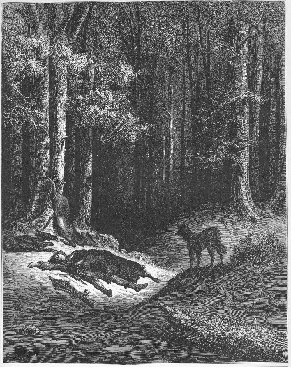 Le loup et le chasseur（狼と狩人） - Jean de La Fontaine（Lafontaine）（1621-95）の「寓話」より - Gustave Dore（1832-83）の後のエングレービング - 個人蔵 作： ギュスターブ（後）ドレ