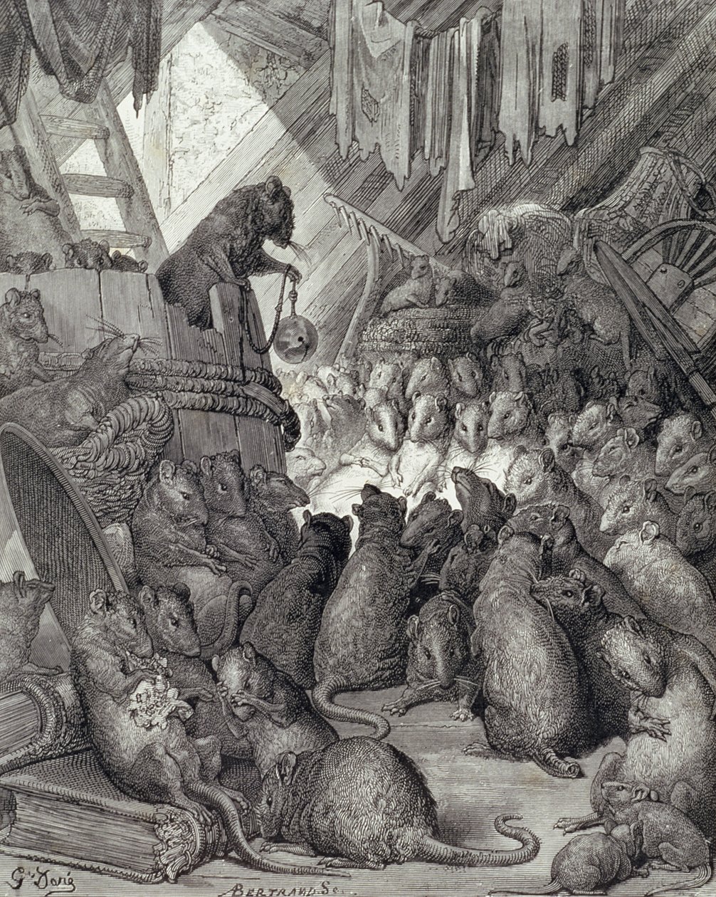 アントワーヌ・ヴァレリー・ベルトラン（b.1823）が1868年頃に彫った『ラ・フォンテーヌ寓話集』の「ネズミが開いた会議」（彫刻）。 作： ギュスターブ（後）ドレ