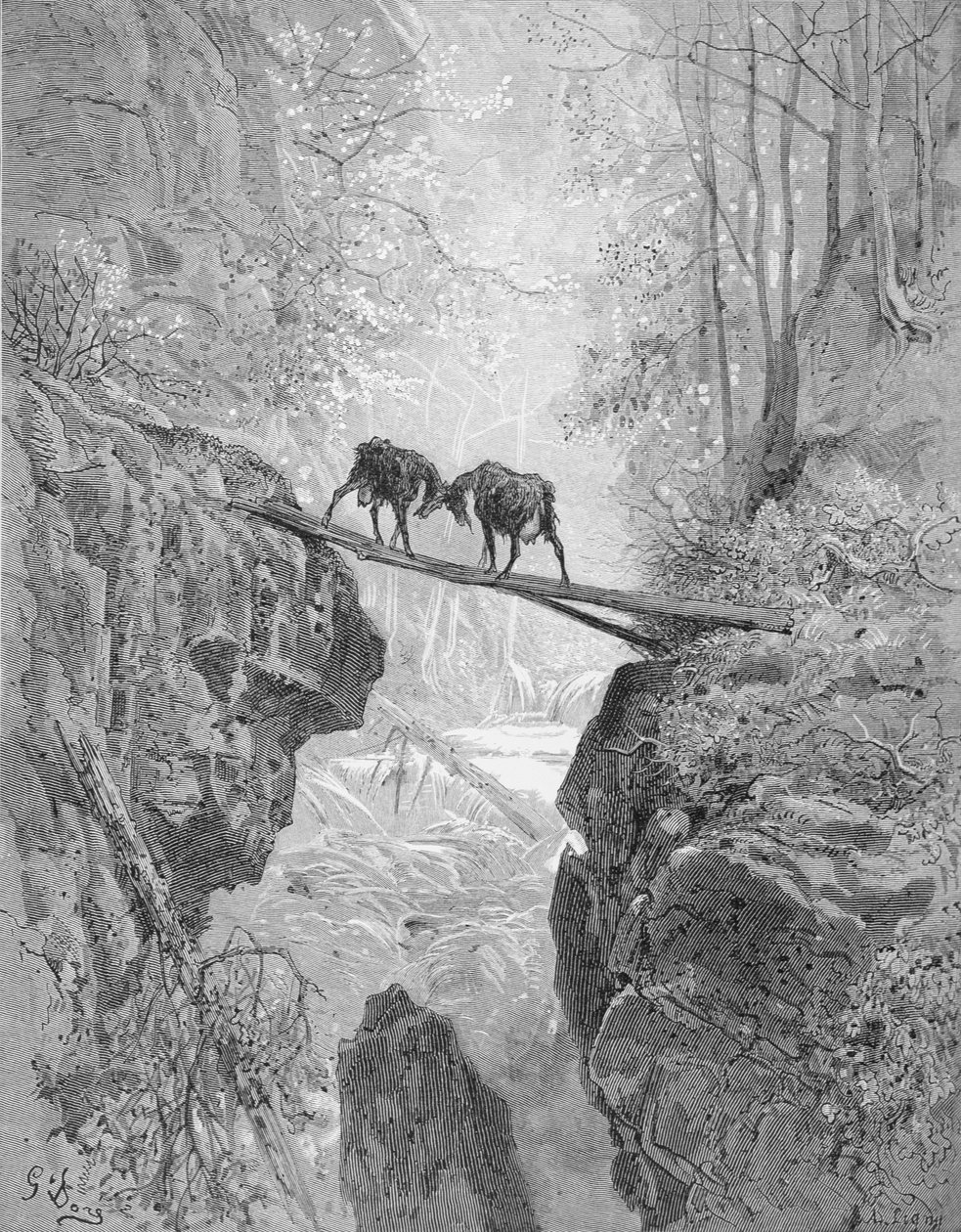 ラ・フォンテーヌの「寓話」から「二匹の山羊」、A.リニーが1868年頃に彫ったもの（エングレーヴィング 作： ギュスターブ（後）ドレ