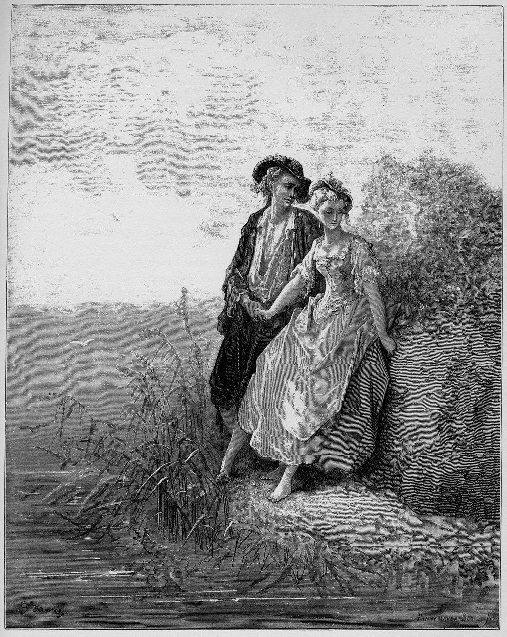 Tircis et Amarante - Tircis and Amaranth - （羊飼いと羊飼いの女） - Jean de La Fontaine (Lafontaine) (1621-95) の「寓話」より - Gustave Dore (1832-83) の後のエングレーヴィング - 個人蔵 作： ギュスターブ（後）ドレ
