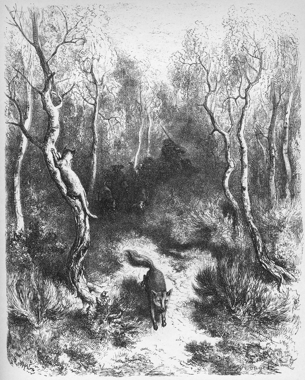 le chat et le fox (狐と猫) - Jean de La Fontaine (Lafontaine) (1621-95) の「寓話」より - Gustave Dore (1832-83) の後のエングレービング - 個人蔵 作： ギュスターブ（後）ドレ