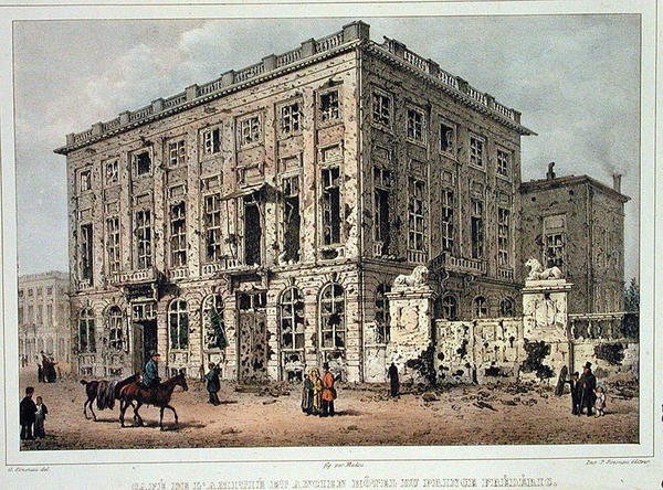 1830年9月23日から26日の戦いの後、ブリュッセルのカフェ・アミティと旧ホテル・デュ・プリンス・フレデリック、ジャン・バティスト・マドゥ（1796-1877）の刻印（カラー・エングレーヴィング）。 作： グスタフ2世アドルフ（後）シモノー