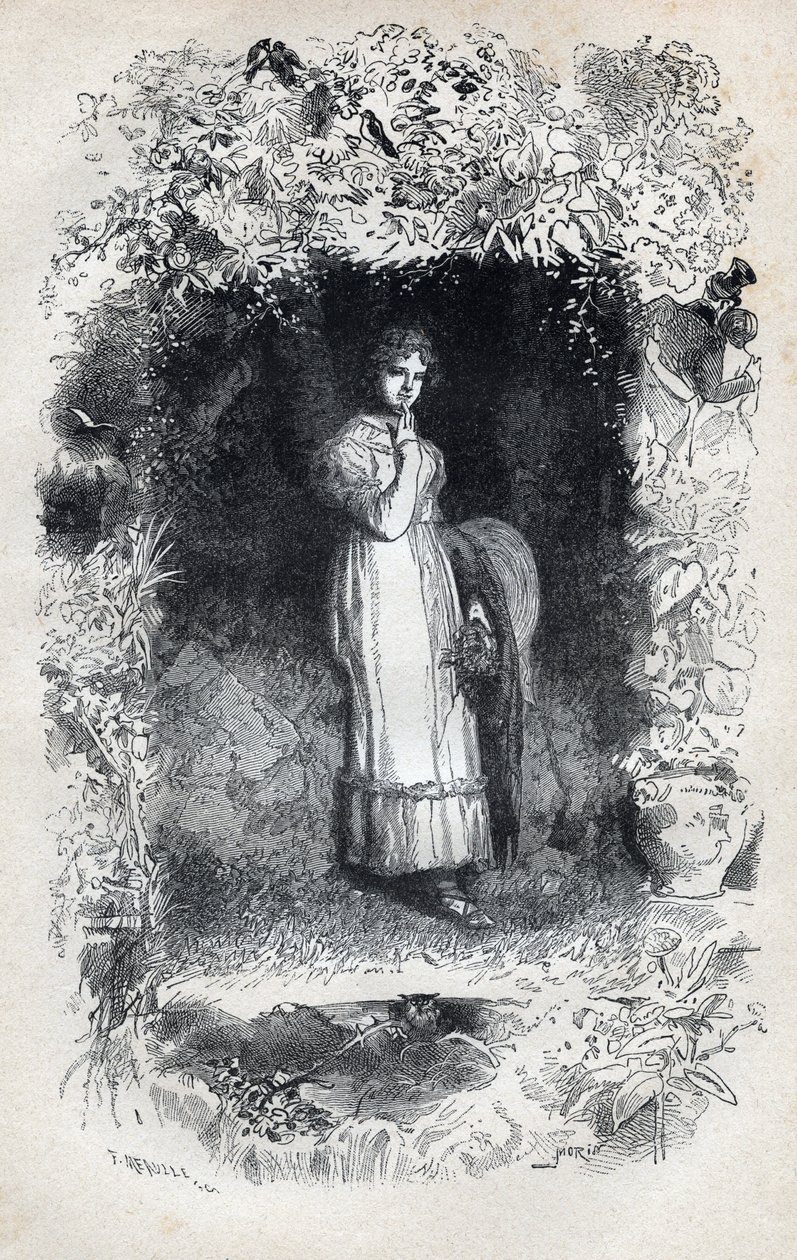 Tholomyesによる恋するファンティーヌの肖像 - Gustave Brion (1824-1877)による「The Miserables - First part」のためのイラスト。ヴィクトル・ユーゴー（1802-1885）の「ファンティーヌ」1862年作 作： ギュスターヴ・ブリオン