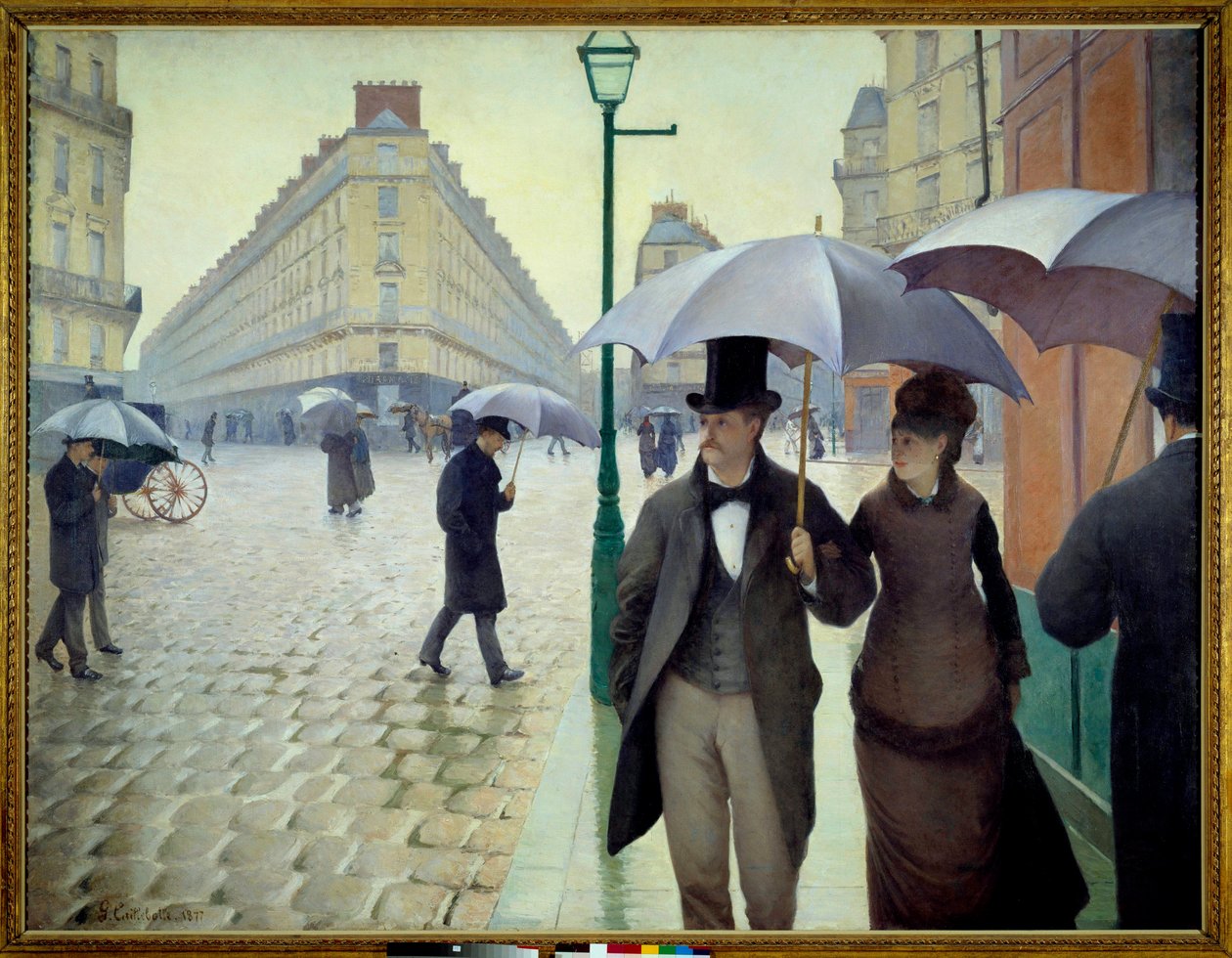 1877年、雨のパリの通り 作： グスタフ・カイユボット