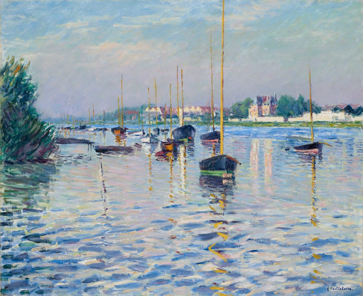 フランス語：Bateaux au mouillage sur la Seine à Argenteuil アルジャントゥイユのセーヌ川に係留されたボート 作： グスタフ・カイユボット