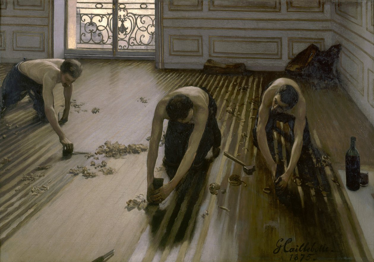フランス語：Les planoteurs de parquet 寄木張り職人 作： グスタフ・カイユボット
