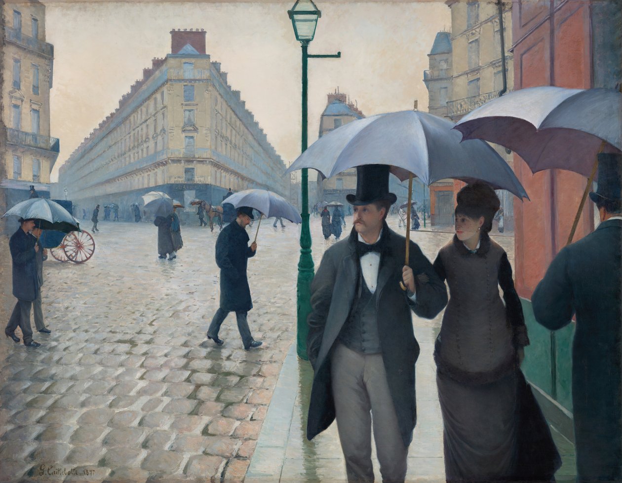 パリの通り、雨の日、1877 年。 作： グスタフ・カイユボット