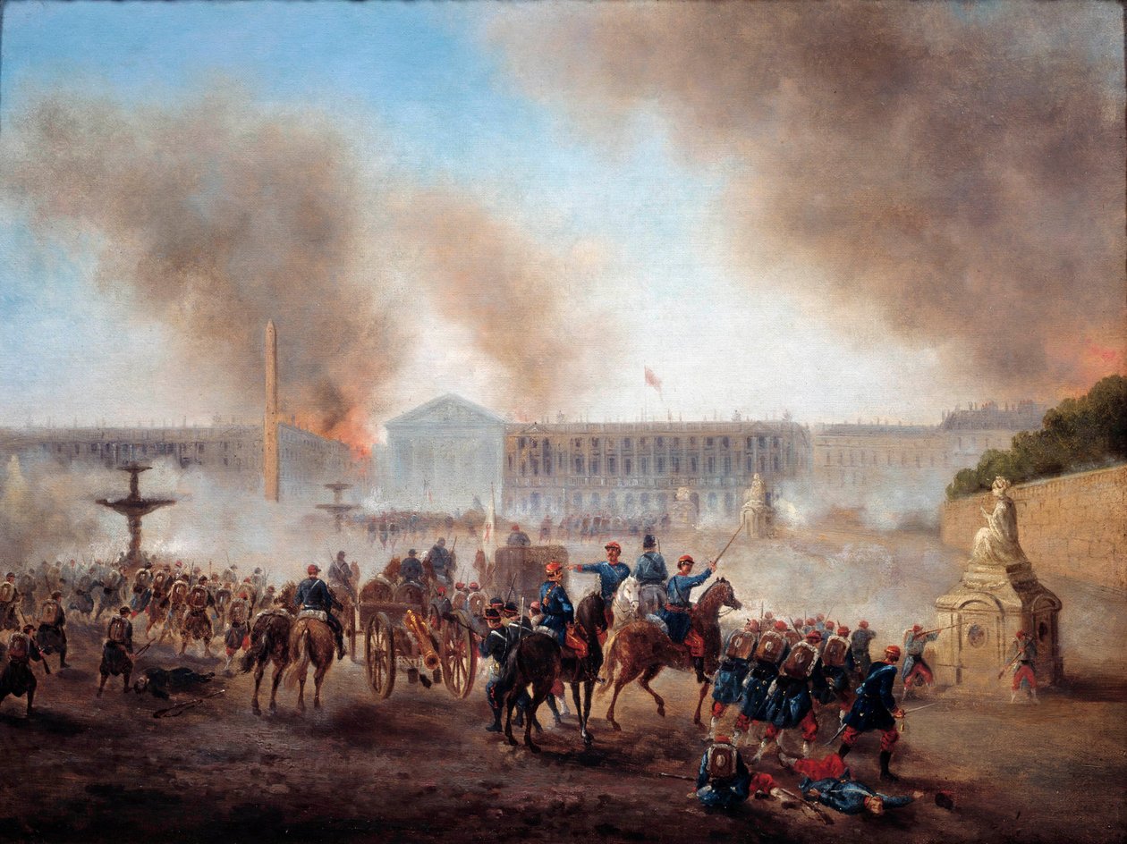 パリのコミューン：「コンコルド広場でのライムアウトの場面」ギュスターヴ・ブーランジェ（1824-1888）の絵画 日。0,49x0,64 m パリ、カルナヴァレ美術館。 作： ギュスターヴ・クラレンス・ロドルフ・ブーランジェ
