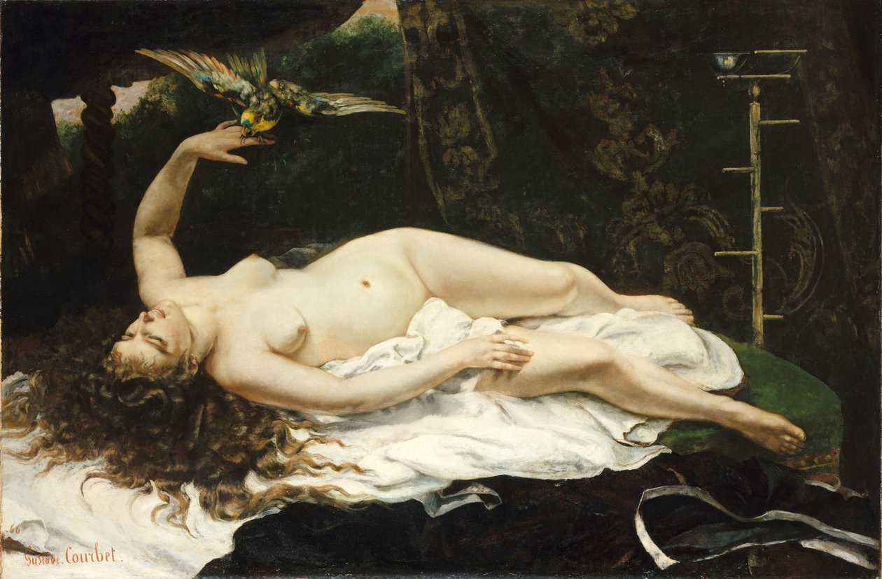 フランス語  La Femme au perroquet オウムを連れた女 作： ギュスターヴ・クールベ