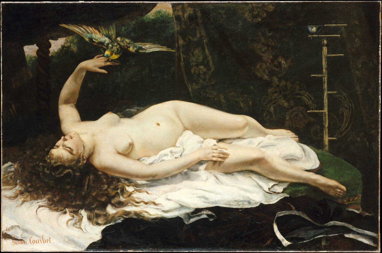 フランス語  La Femme au perroquet オウムを連れた女 作： ギュスターヴ・クールベ